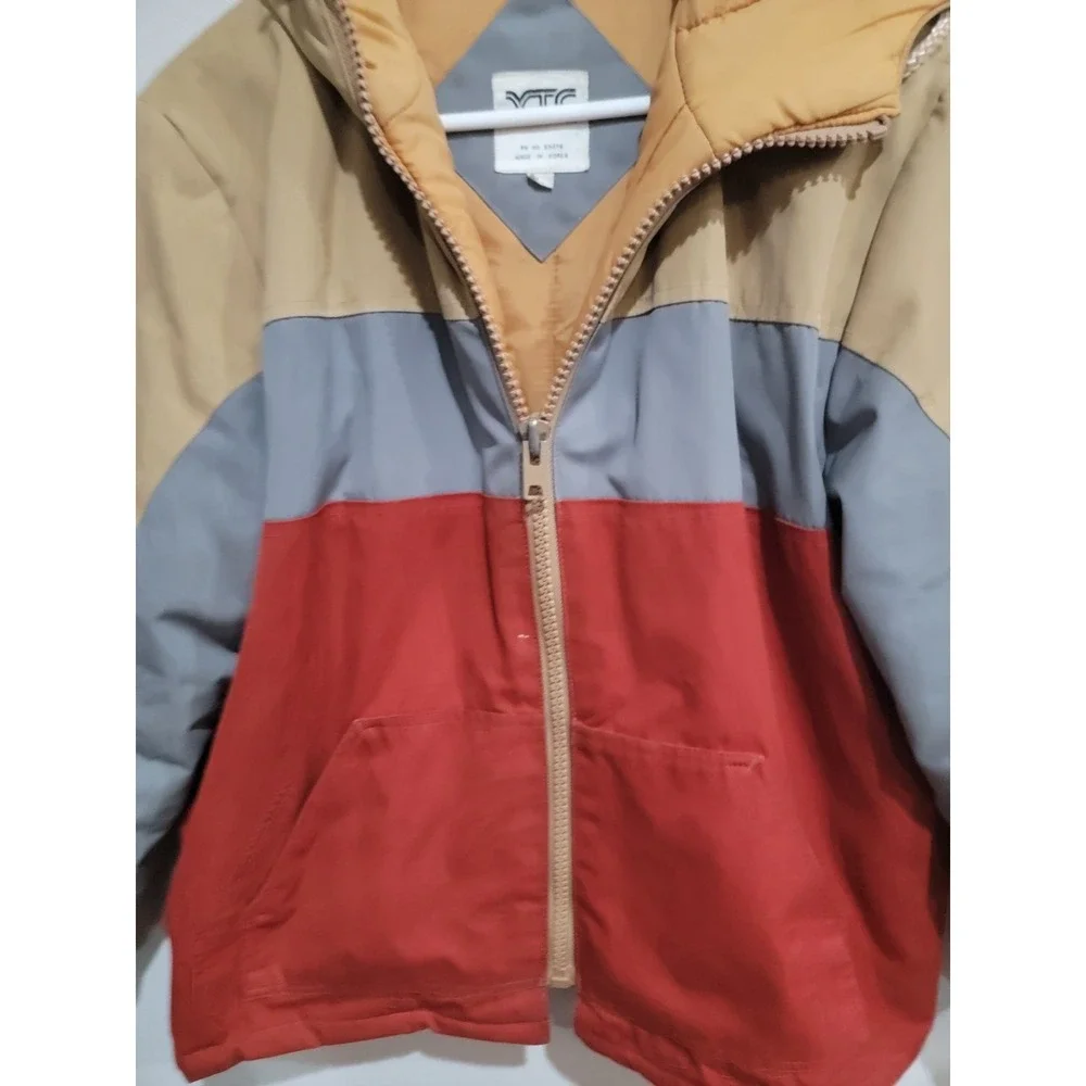 XTC Colorblock Full Zip Orange Gray Puffer Hooded coat Jacket, Retro Sz L 1970's